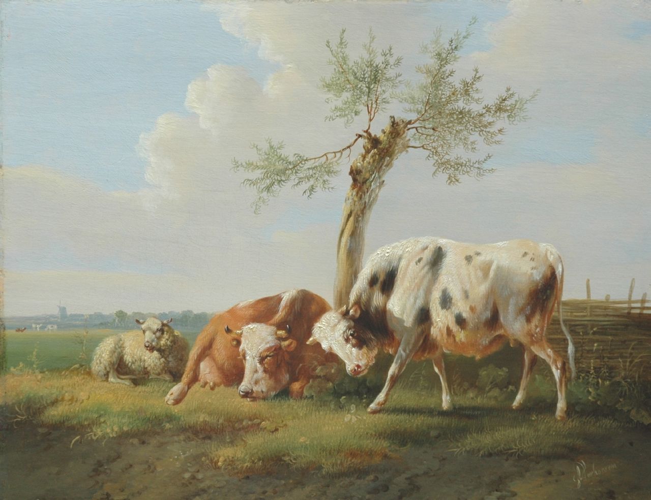 Verhoesen A. | Albertus Verhoesen, Stier, koe en schaap in zomers weidelandschap, olieverf op paneel 24,5 x 31,9 cm, gesigneerd rechtsonder Verhoesen A. | Albertus Verhoesen, Stier, koe en schaap in zomers weidelandschap, olieverf op paneel 24,5 x 31,9 cm, gesigneerd rechtsonder