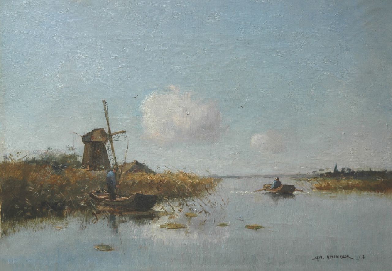 Knikker sr. J.S.  | 'Jan' Simon Knikker sr., Vissers in boten op een polderplas, olieverf op doek 30,2 x 43,5 cm, gesigneerd rechtsonder