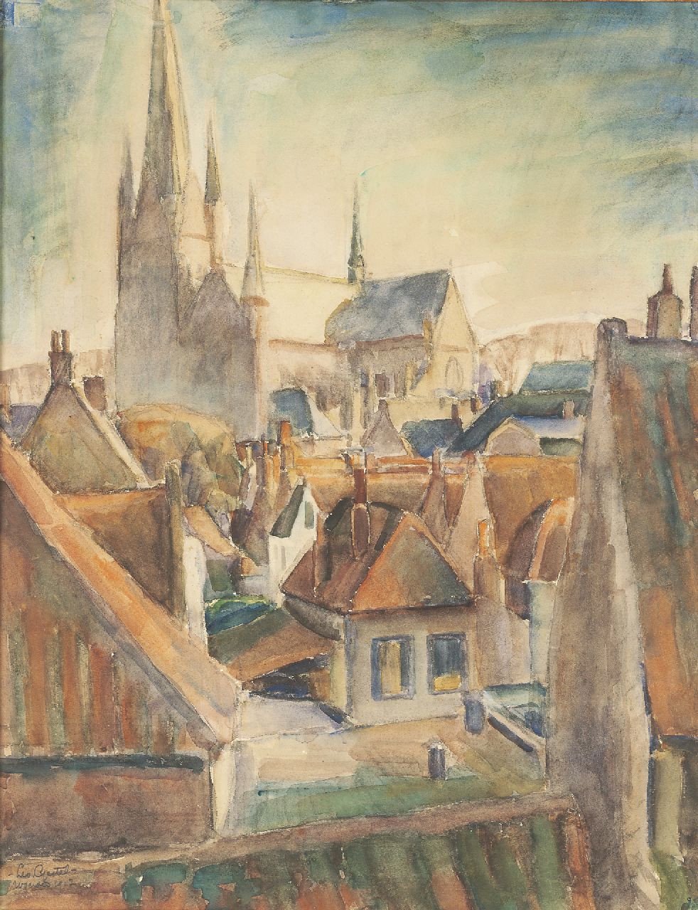 Gestel L. | Leendert 'Leo' Gestel, Gezicht op Woerden vanuit dakraam, aquarel op papier 65,5 x 50,0 cm, gesigneerd linksonder en gedateerd 'Woerden 1917' Gestel L. | Leendert 'Leo' Gestel, Gezicht op Woerden vanuit dakraam, aquarel op papier 65,5 x 50,0 cm, gesigneerd linksonder en gedateerd 'Woerden 1917'