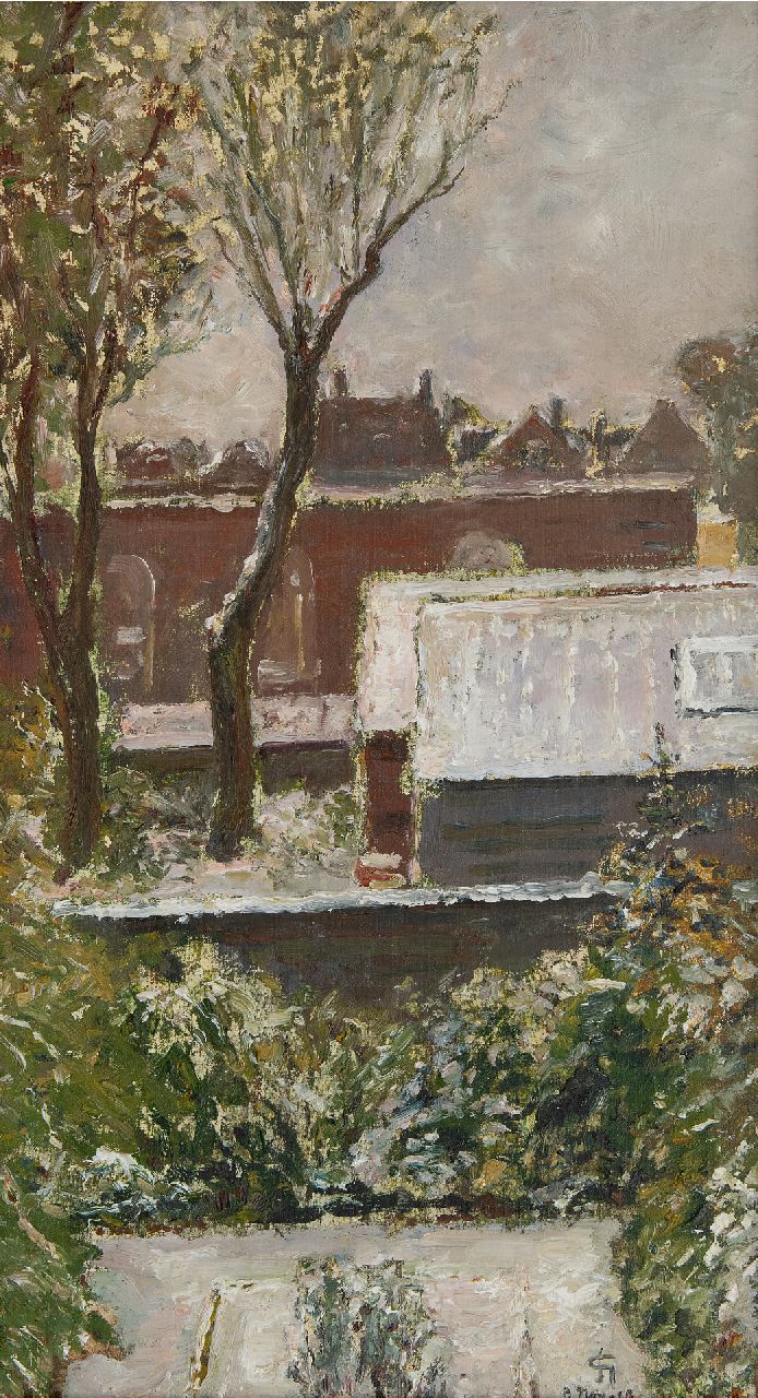 Storm van 's-Gravesande C.N.  | Carel Nicolaas Storm van 's-Gravesande | Schilderijen te koop aangeboden | Gezicht op tuinen en huizen, olieverf op doek op board 45,6 x 25,0 cm, gesigneerd rechtsonder met monogram en gedateerd 3 nov. 19 (1919)
