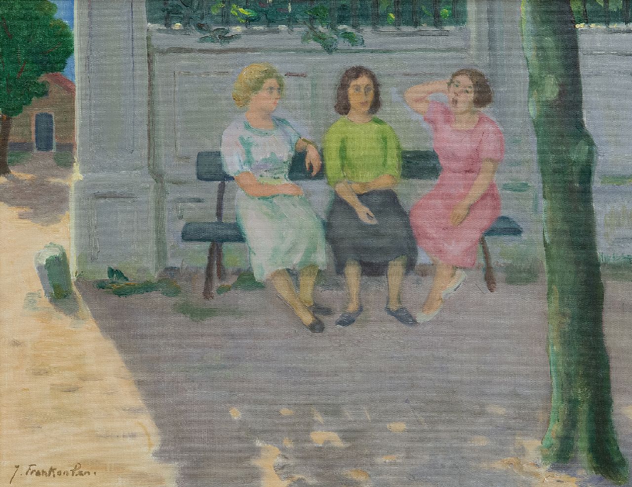 Franken J.P.J.  | Joannes Petrus Josephus 'Jan' Franken, Drie vrouwen op een bank, olieverf op doek 35,4 x 45,2 cm, gesigneerd linksonder