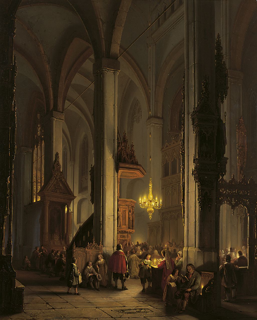 Haanen G.G.  | George Gillis Haanen, Avonddienst in een gotische kerk, olieverf op paneel 74,9 x 60,2 cm, gesigneerd linksonder