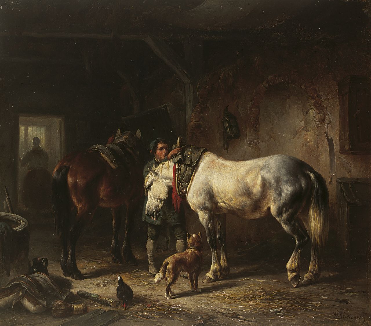 Verschuur W. | Wouterus Verschuur, Het zadelen van de paarden, olieverf op paneel 29,6 x 34,0 cm, gesigneerd rechtsonder Verschuur W. | Wouterus Verschuur, Het zadelen van de paarden, olieverf op paneel 29,6 x 34,0 cm, gesigneerd rechtsonder