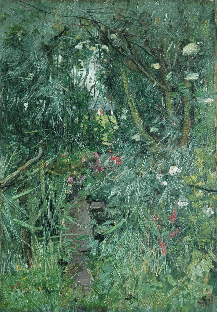 Kuijpers J.C.E. | 'Johan' Cornelis Eliza Kuijpers, Bostuin met doorkijkje (verloren gegaan bij brand in Armando Museum, 22.10.2007), olieverf op doek op paneel 55,1 x 39,2 cm, gesigneerd rechtsonder met initiaal en gedateerd '18 Kuijpers J.C.E. | 'Johan' Cornelis Eliza Kuijpers, Bostuin met doorkijkje (verloren gegaan bij brand in Armando Museum, 22.10.2007), olieverf op doek op paneel 55,1 x 39,2 cm, gesigneerd rechtsonder met initiaal en gedateerd '18