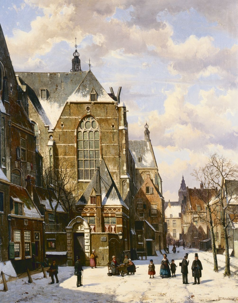 Koekkoek W. | Willem Koekkoek, Besneeuwd kerkplein met figuren, olieverf op doek 84,0 x 66,0 cm, gesigneerd rechtsonder en gedateerd '66 Koekkoek W. | Willem Koekkoek, Besneeuwd kerkplein met figuren, olieverf op doek 84,0 x 66,0 cm, gesigneerd rechtsonder en gedateerd '66