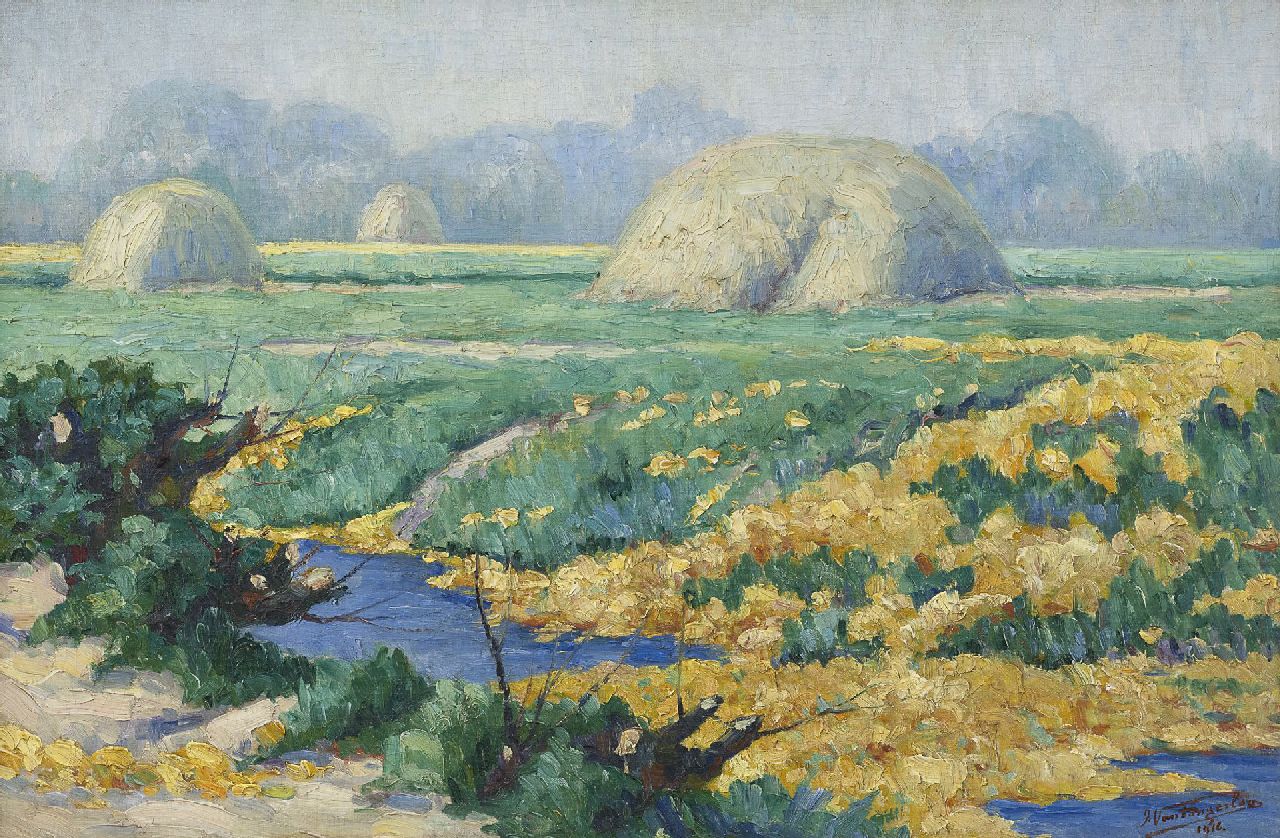 Tongerloo F. van | Frans van Tongerloo, Gracht met bloemen en drie rietschelven, olieverf op doek 40,5 x 60,5 cm, gesigneerd rechtsonder en gedateerd 1916