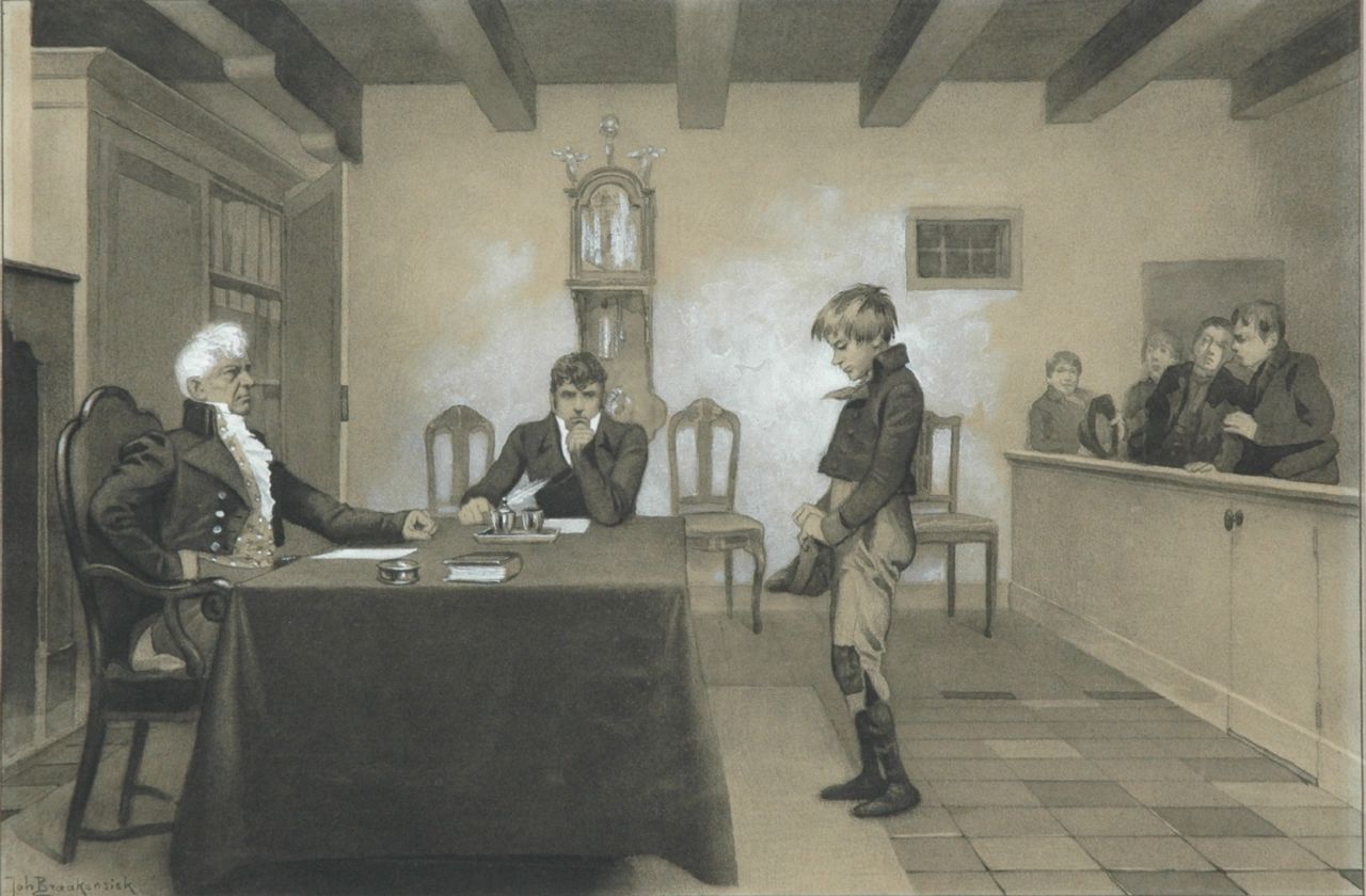 Braakensiek J.C.  | 'Johan' Coenraad Braakensiek, Bij de rechter, houtskool en aquarel op papier 25,1 x 37,8 cm, gesigneerd linksonder