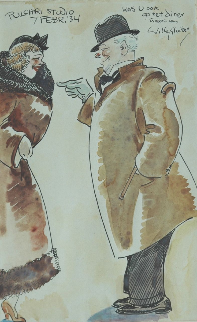 Sluiter J.W.  | Jan Willem 'Willy' Sluiter, 'Was U ook op het diner ter eere van Willy Sluiter': twee vrolijke dinergangers, zwarte inkt en aquarel op papier 25,3 x 16,3 cm, gesigneerd rechtsboven en gedateerd  'Pulchri Studio 7 Febr. '34'