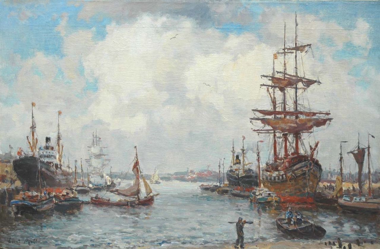 Moll E. | Evert Moll, Havengezicht met driemasters en stoomschepen, olieverf op doek 40,1 x 60,7 cm, gesigneerd linksonder Moll E. | Evert Moll, Havengezicht met driemasters en stoomschepen, olieverf op doek 40,1 x 60,7 cm, gesigneerd linksonder