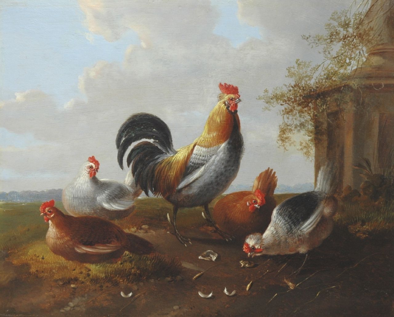 Verhoesen A. | Albertus Verhoesen, Sierkippen en een haan, olieverf op paneel 22,4 x 27,8 cm, gesigneerd middenonder Verhoesen A. | Albertus Verhoesen, Sierkippen en een haan, olieverf op paneel 22,4 x 27,8 cm, gesigneerd middenonder