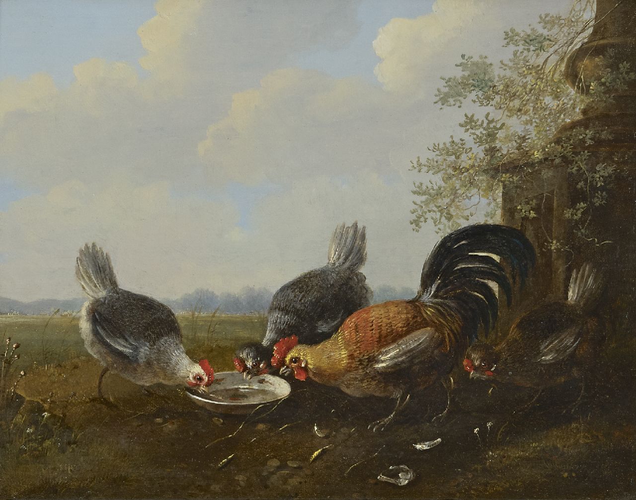 Verhoesen A.  | Albertus Verhoesen | Schilderijen te koop aangeboden | Vier sierkippen, olieverf op paneel 22,4 x 27,8 cm