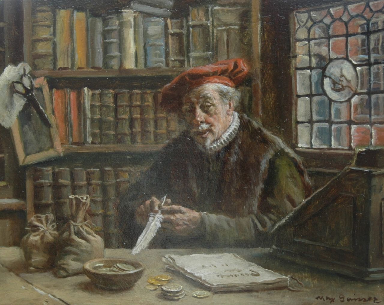 Gaisser M. | Max Gaisser, De geldwisselaar, olieverf op paneel 14,3 x 18,1 cm, gesigneerd rechtsonder Gaisser M. | Max Gaisser, De geldwisselaar, olieverf op paneel 14,3 x 18,1 cm, gesigneerd rechtsonder