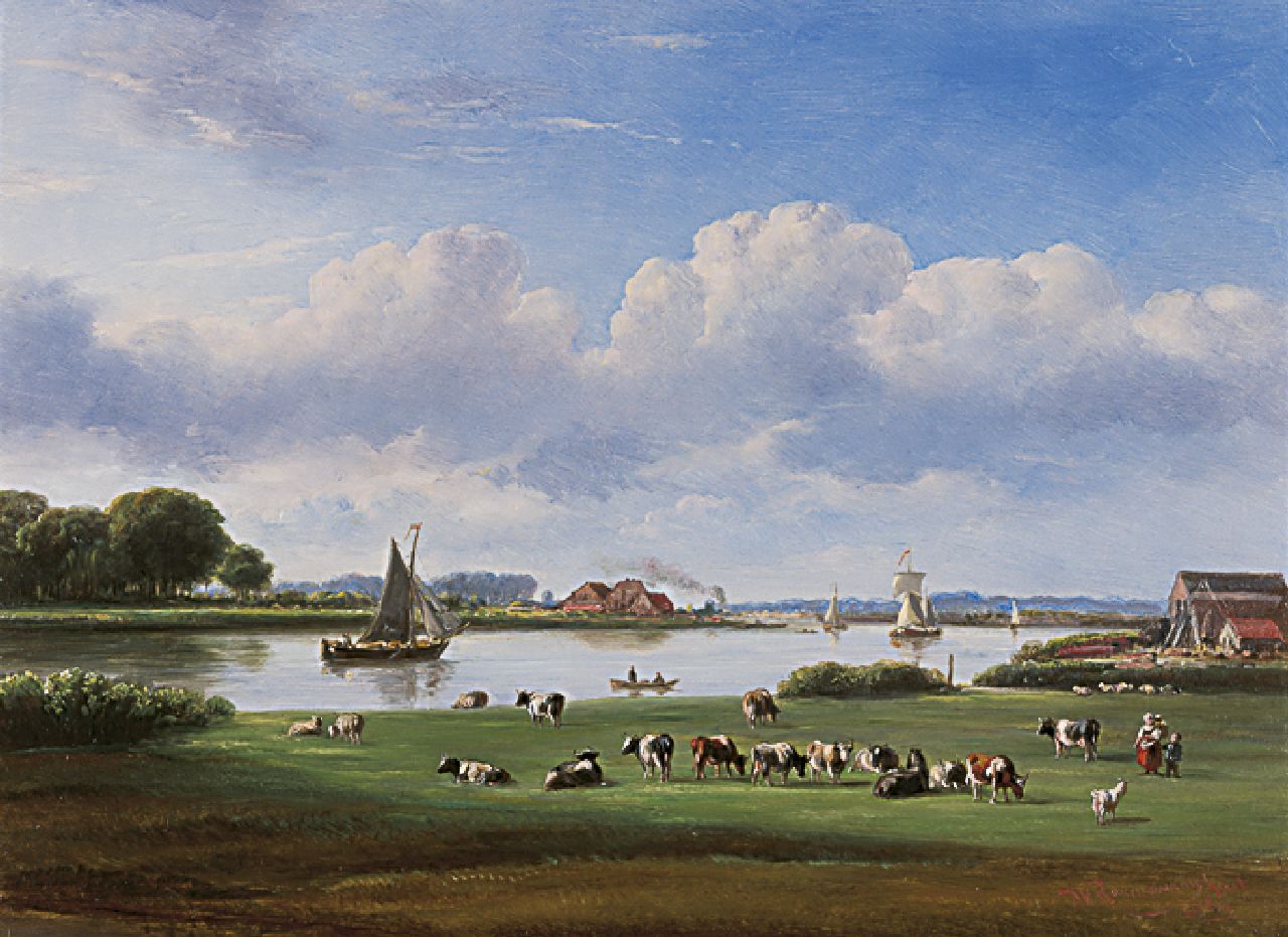 Ravenswaay J. van | Jan van Ravenswaay, Rivierlandschap met vee, olieverf op paneel 29,3 x 39,8 cm, gesigneerd rechtsonder en gedateerd 1861 Ravenswaay J. van | Jan van Ravenswaay, Rivierlandschap met vee, olieverf op paneel 29,3 x 39,8 cm, gesigneerd rechtsonder en gedateerd 1861