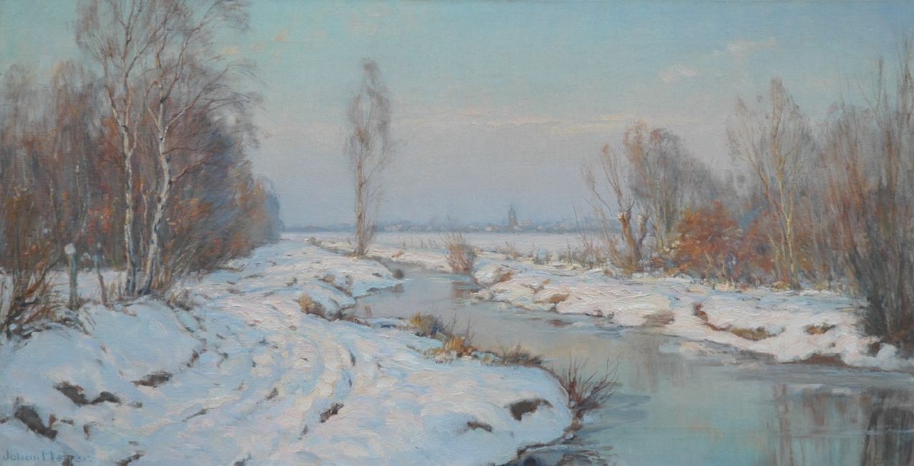 Meijer J.  | Johannes 'Johan' Meijer, Winteravondzon: Gooiersgracht, Eemnes, olieverf op doek 44,3 x 84,2 cm, gesigneerd verso gesigneerd