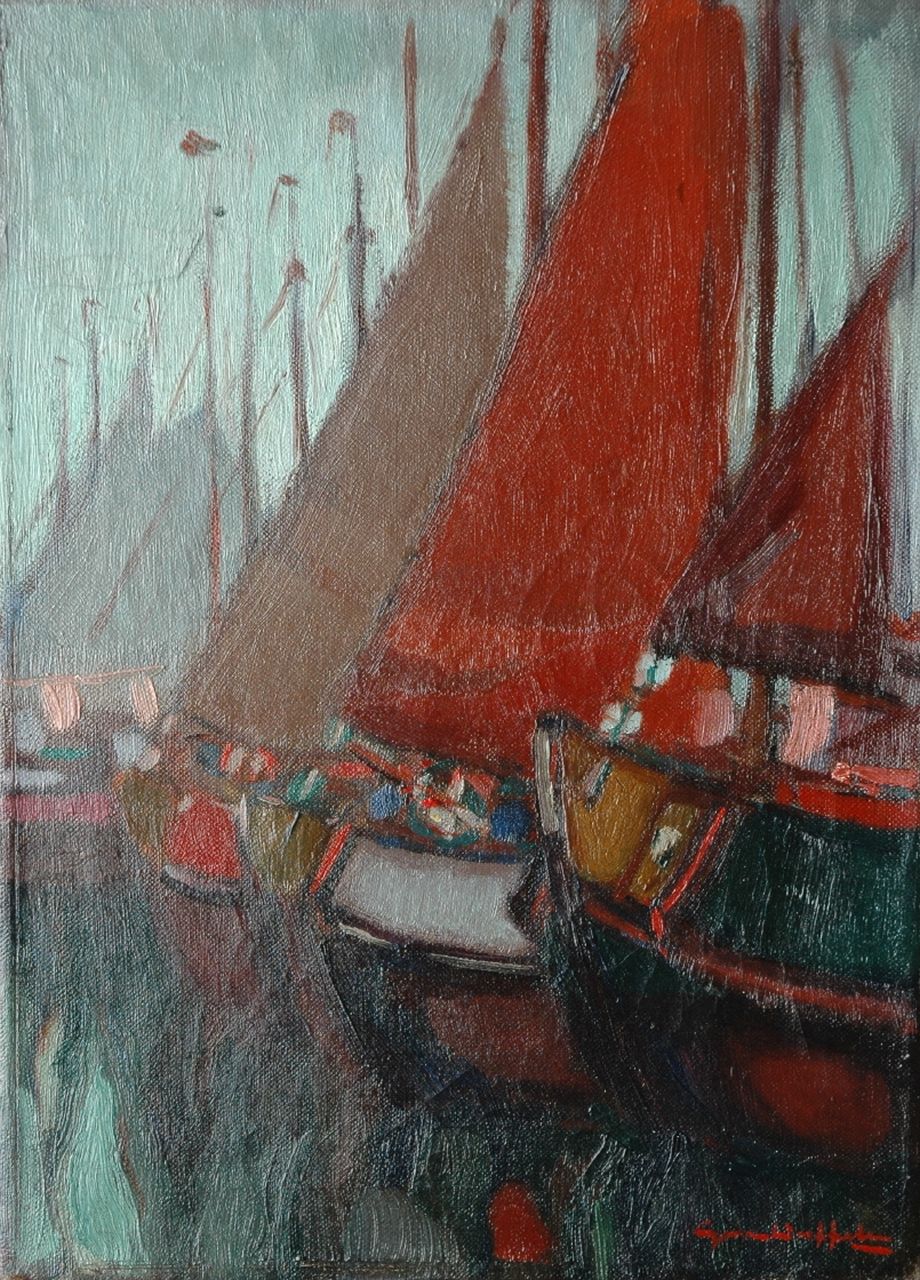 Duffelen G. van | Gerrit van Duffelen, Aangemeerde botters in een IJsselmeerhaven, olieverf op doek 40,2 x 29,3 cm, gesigneerd rechtsonder Duffelen G. van | Gerrit van Duffelen, Aangemeerde botters in een IJsselmeerhaven, olieverf op doek 40,2 x 29,3 cm, gesigneerd rechtsonder