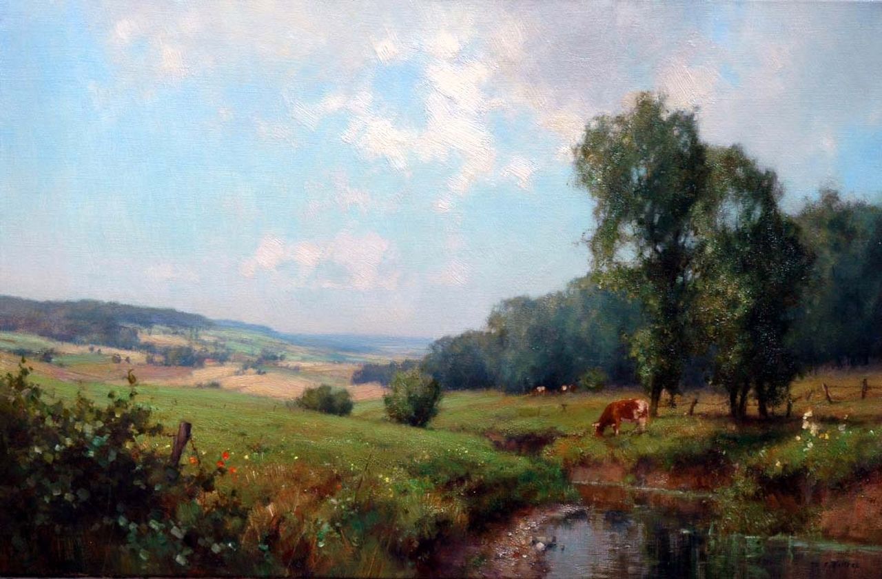 Holtrup J. | Jan Holtrup, Zomers heuvellandschap met een beek, olieverf op doek 39,8 x 60,0 cm, gesigneerd rechtsonder Holtrup J. | Jan Holtrup, Zomers heuvellandschap met een beek, olieverf op doek 39,8 x 60,0 cm, gesigneerd rechtsonder