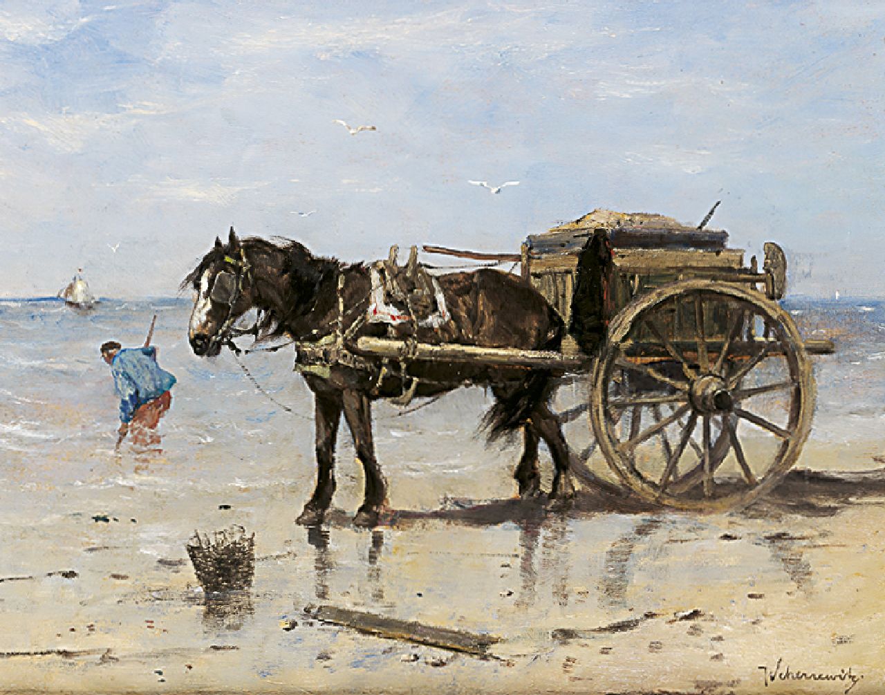 Scherrewitz J.F.C. | Johan Frederik Cornelis Scherrewitz, Schelpenvisser met paardenkar, olieverf op paneel 32,6 x 41,1 cm, gesigneerd rechtsonder Scherrewitz J.F.C. | Johan Frederik Cornelis Scherrewitz, Schelpenvisser met paardenkar, olieverf op paneel 32,6 x 41,1 cm, gesigneerd rechtsonder