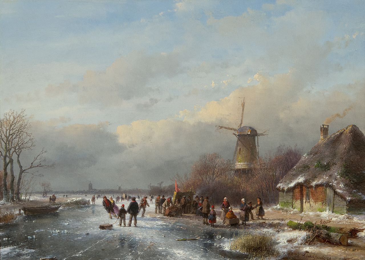 Schelfhout A. | Andreas Schelfhout, Drukbevolkt winterlandschap met schaatsers, olieverf op paneel 33,7 x 47,1 cm, gesigneerd rechtsonder en gedateerd '58 Schelfhout A. | Andreas Schelfhout, Drukbevolkt winterlandschap met schaatsers, olieverf op paneel 33,7 x 47,1 cm, gesigneerd rechtsonder en gedateerd '58