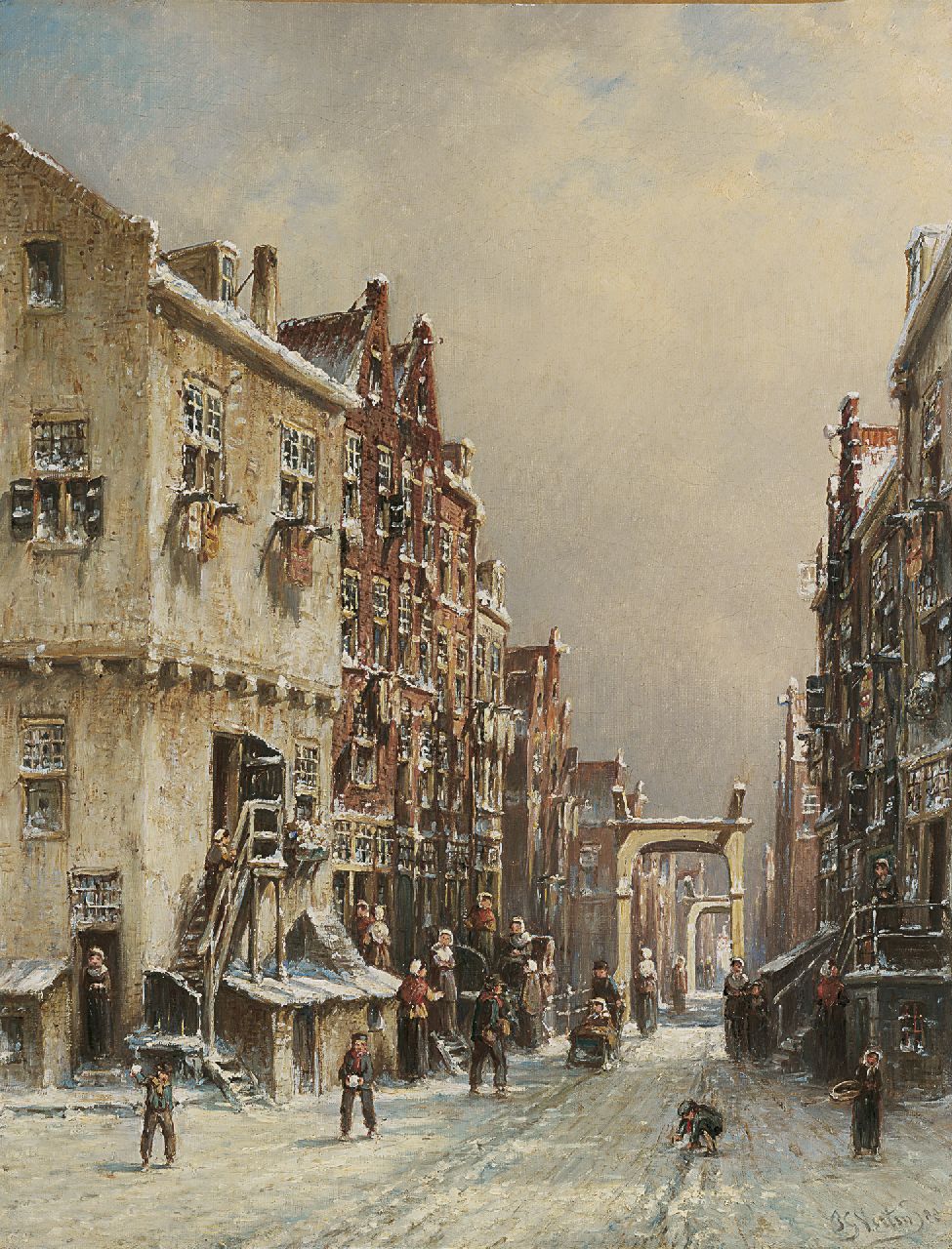 Vertin P.G. | Petrus Gerardus Vertin, Drukbevolkt Hollands straatje in de winter, olieverf op doek 45,5 x 35,1 cm, gesigneerd rechtsonder en gedateerd '88 Vertin P.G. | Petrus Gerardus Vertin, Drukbevolkt Hollands straatje in de winter, olieverf op doek 45,5 x 35,1 cm, gesigneerd rechtsonder en gedateerd '88