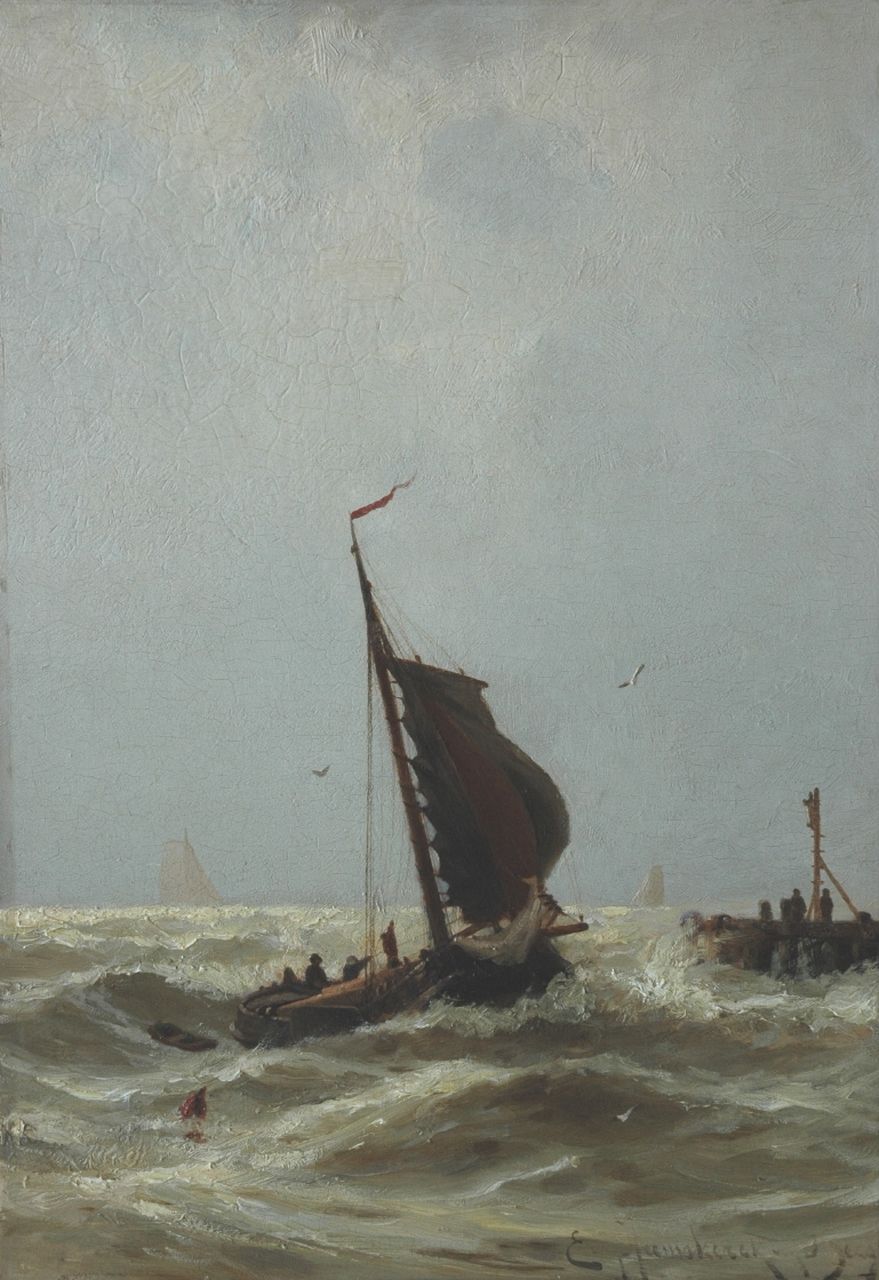 Heemskerck van Beest J.E. van | Jacob Eduard van Heemskerck van Beest, Zeilschip op woelige zee bij een havenhoofd, olieverf op paneel 50,1 x 34,9 cm, gesigneerd rechtsonder Heemskerck van Beest J.E. van | Jacob Eduard van Heemskerck van Beest, Zeilschip op woelige zee bij een havenhoofd, olieverf op paneel 50,1 x 34,9 cm, gesigneerd rechtsonder