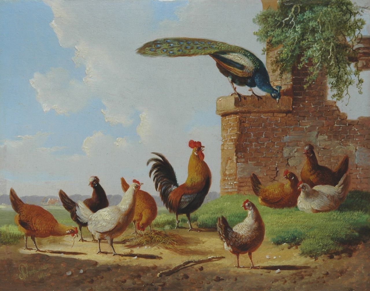 Verhoesen A. | Albertus Verhoesen, Pluimvee en pauw bij een ruïne, olieverf op paneel 13,2 x 16,7 cm, gesigneerd linksonder en gedateerd 1869 Verhoesen A. | Albertus Verhoesen, Pluimvee en pauw bij een ruïne, olieverf op paneel 13,2 x 16,7 cm, gesigneerd linksonder en gedateerd 1869