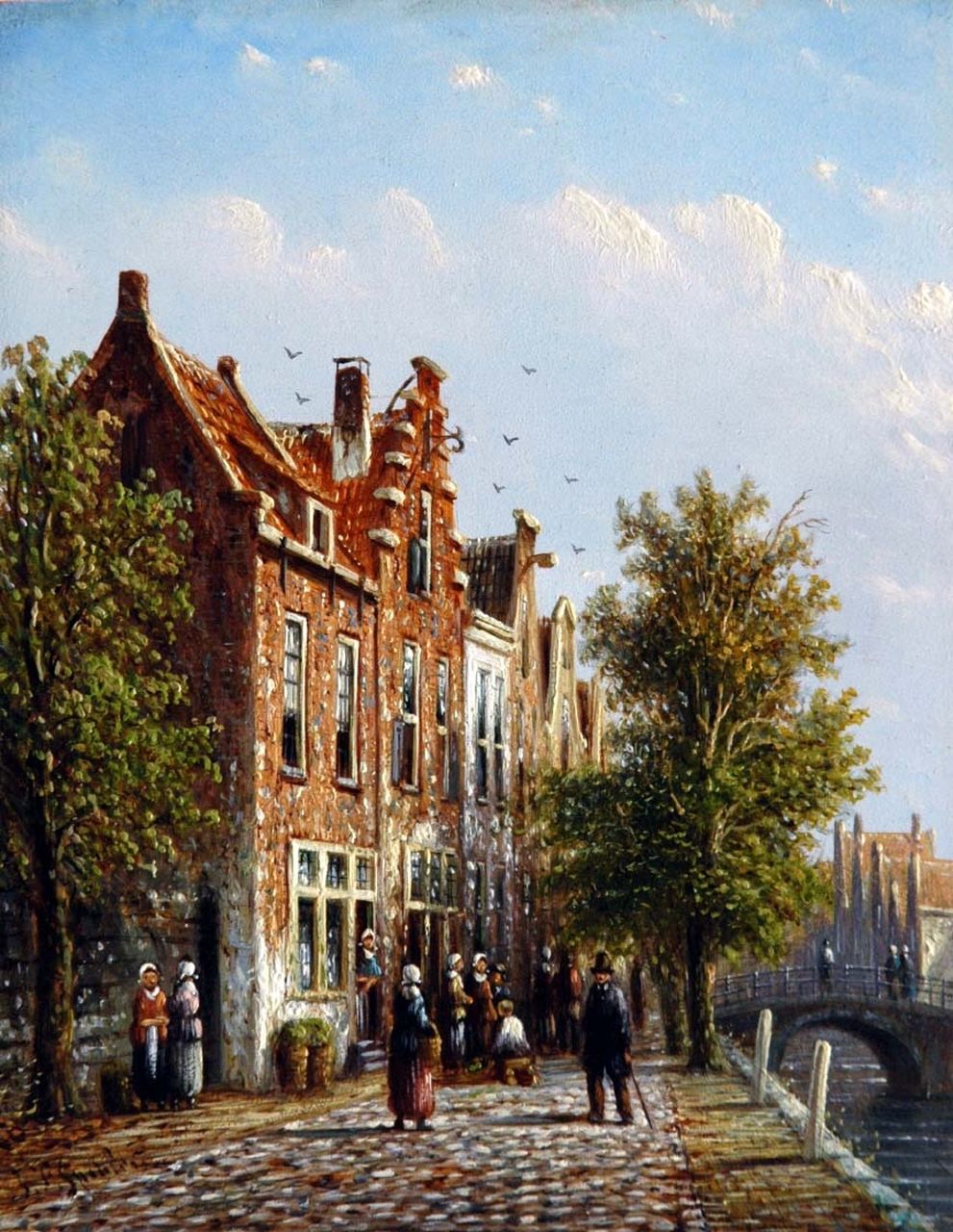 Spohler J.F. | Johannes Franciscus Spohler, Drukbevolkt Hollands straatje langs een gracht, olieverf op paneel 20,4 x 15,8 cm, gesigneerd linksonder Spohler J.F. | Johannes Franciscus Spohler, Drukbevolkt Hollands straatje langs een gracht, olieverf op paneel 20,4 x 15,8 cm, gesigneerd linksonder