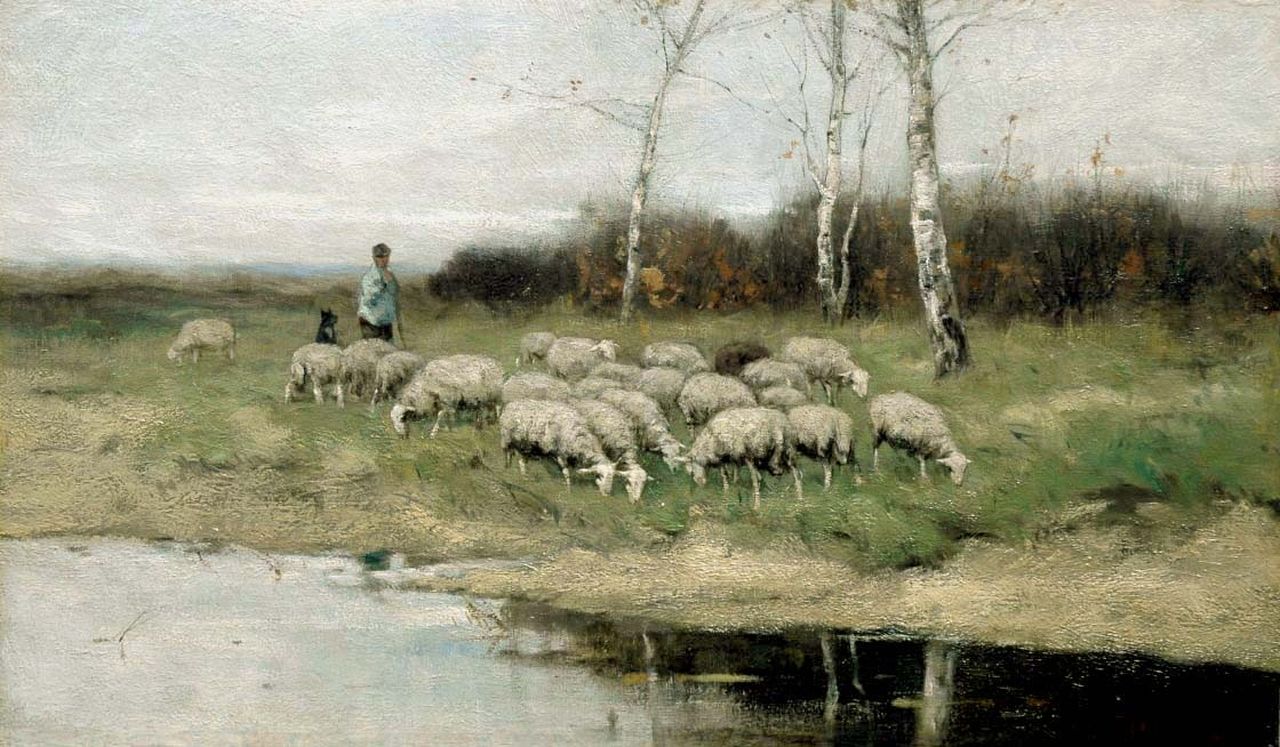 Scherrewitz J.F.C.  | Johan Frederik Cornelis Scherrewitz, Schaapsherder met kudde bij een plas, olieverf op doek 41,0 x 68,9 cm, gesigneerd rechtsonder