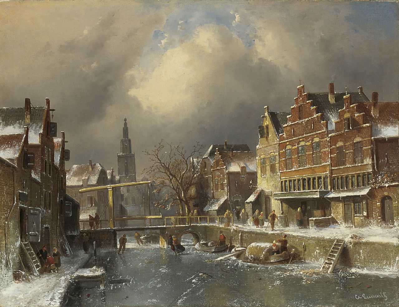 Leickert C.H.J. | 'Charles' Henri Joseph Leickert, Het Verdronkenoord, Alkmaar, in de winter, olieverf op doek 63,7 x 82,2 cm, gesigneerd rechtsonder en op gevel rechts van het midden Leickert C.H.J. | 'Charles' Henri Joseph Leickert, Het Verdronkenoord, Alkmaar, in de winter, olieverf op doek 63,7 x 82,2 cm, gesigneerd rechtsonder en op gevel rechts van het midden