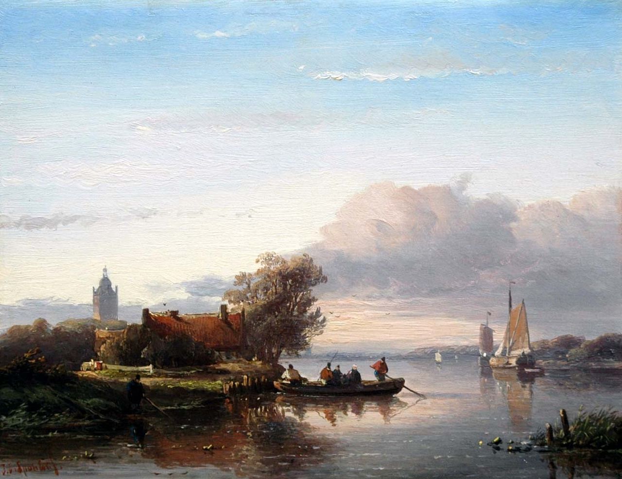 Spohler J.J.  | Jan Jacob Spohler, Zomers rivierlandschap met visser en overzetveer, olieverf op paneel 22,1 x 28,8 cm, gesigneerd linksonder