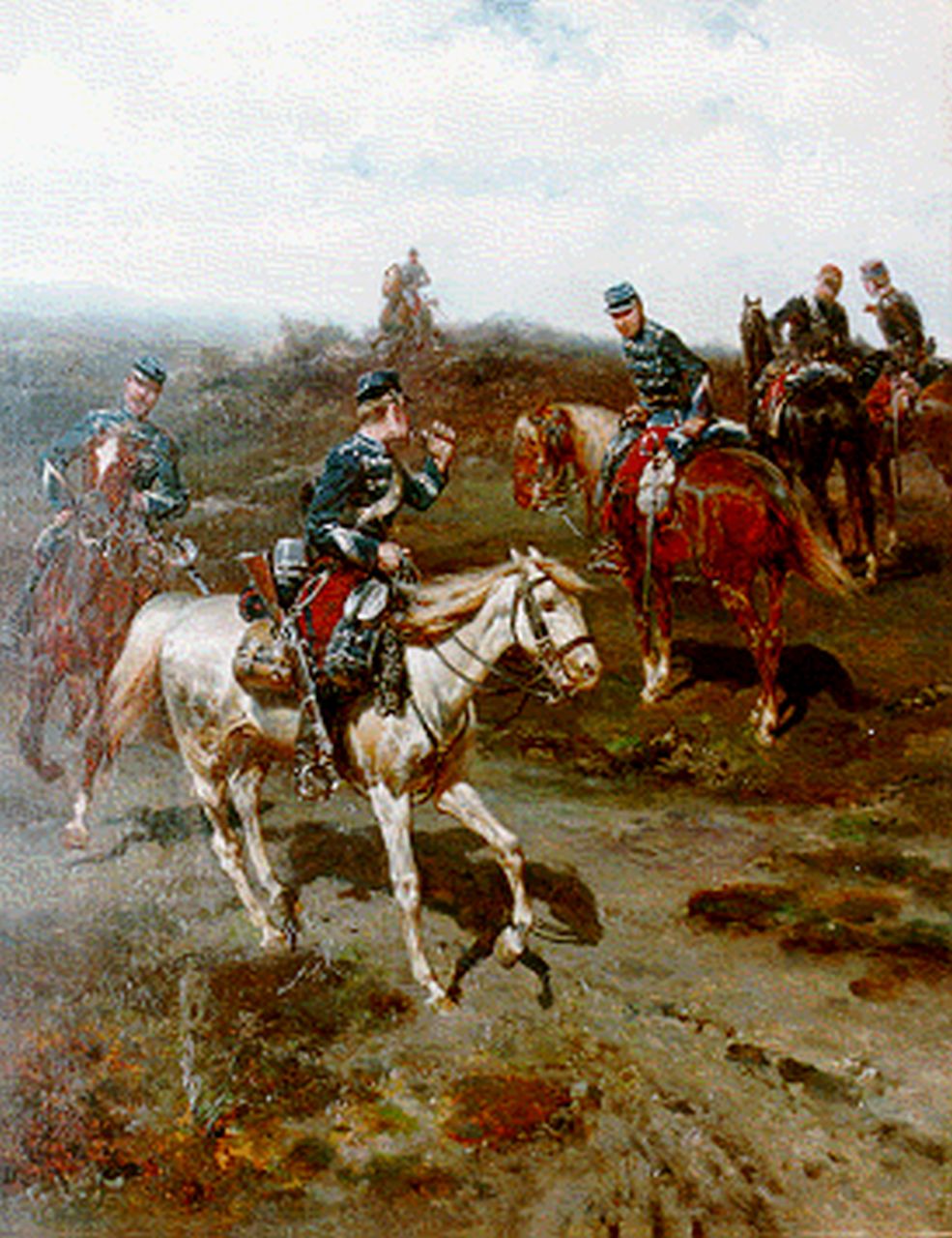 Koekkoek H.W. | Hermanus Willem Koekkoek, Militairen te paard op de hei, olieverf op paneel 46,0 x 36,3 cm, gesigneerd linksonder Koekkoek H.W. | Hermanus Willem Koekkoek, Militairen te paard op de hei, olieverf op paneel 46,0 x 36,3 cm, gesigneerd linksonder