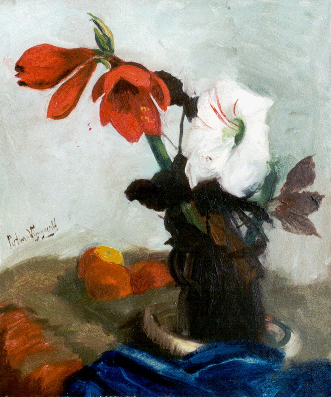 Wijngaerdt P.T. van | Petrus Theodorus 'Piet' van Wijngaerdt, Rode en witte amaryllis, olieverf op doek 80,2 x 67,2 cm, gesigneerd links van het midden Wijngaerdt P.T. van | Petrus Theodorus 'Piet' van Wijngaerdt, Rode en witte amaryllis, olieverf op doek 80,2 x 67,2 cm, gesigneerd links van het midden