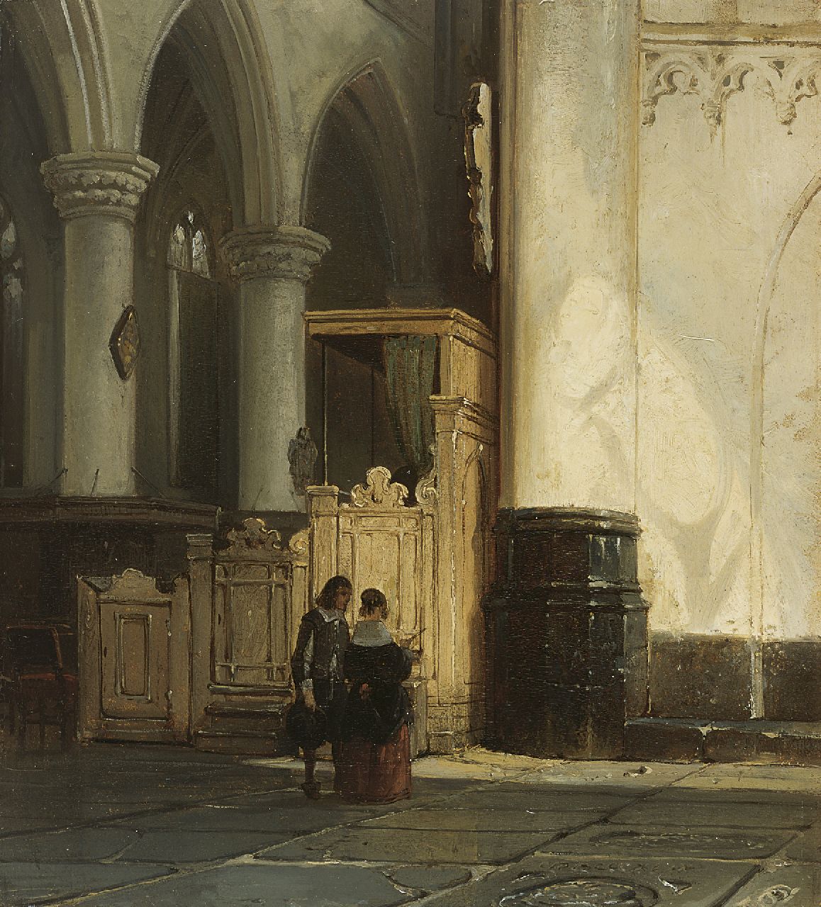 Springer C. | Cornelis Springer, Hollands kerkinterieur met 17e-eeuwse figuren, olieverf op paneel 27,8 x 25,0 cm, gesigneerd rechtsonder met monogram en gedateerd 1849 Springer C. | Cornelis Springer, Hollands kerkinterieur met 17e-eeuwse figuren, olieverf op paneel 27,8 x 25,0 cm, gesigneerd rechtsonder met monogram en gedateerd 1849