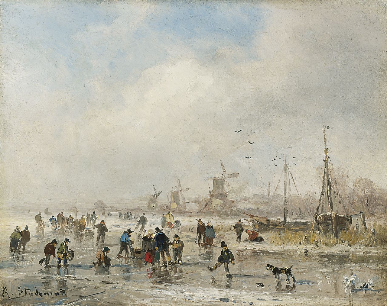 Stademann A. | Adolf Stademann, Schaatsers op Hollandse vaart, olieverf op paneel 21,3 x 27,0 cm, gesigneerd linksonder Stademann A. | Adolf Stademann, Schaatsers op Hollandse vaart, olieverf op paneel 21,3 x 27,0 cm, gesigneerd linksonder