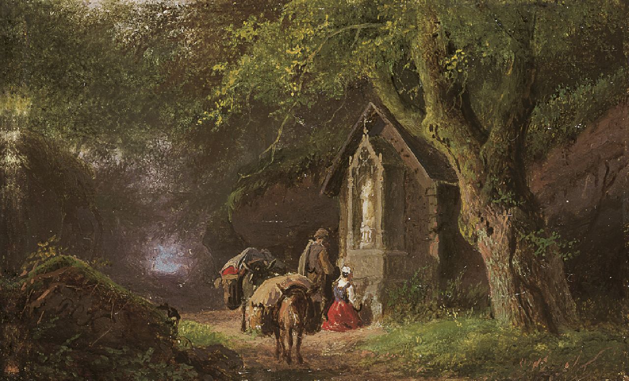 Koekkoek B.C. | Barend Cornelis Koekkoek, Reizigers bij een Maria-kapelletje in het bos, olieverf op koper 5,7 x 9,0 cm, gesigneerd linksonder met initialen en te dateren ca. 1845-1849 Koekkoek B.C. | Barend Cornelis Koekkoek, Reizigers bij een Maria-kapelletje in het bos, olieverf op koper 5,7 x 9,0 cm, gesigneerd linksonder met initialen en te dateren ca. 1845-1849