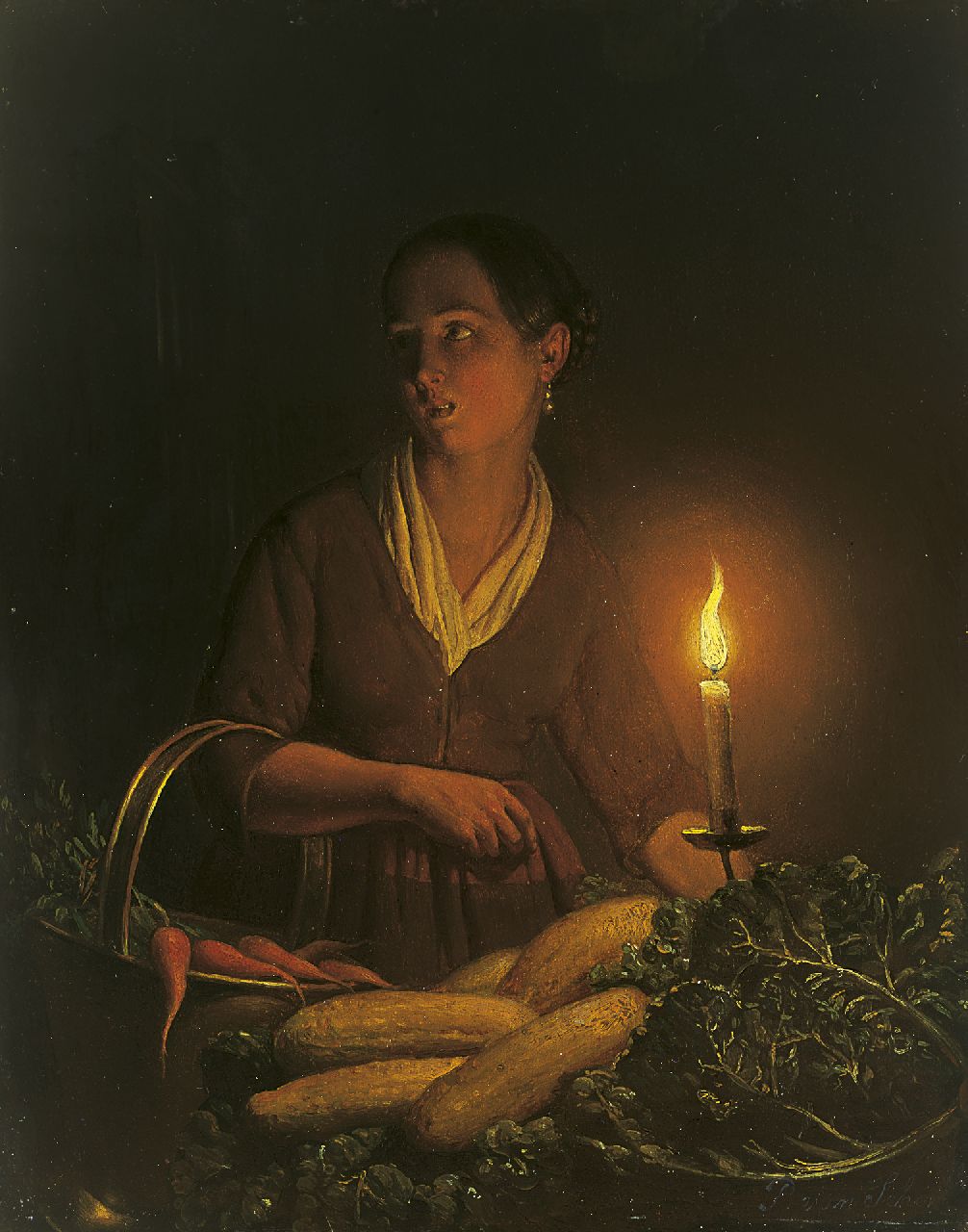 Schendel P. van | Petrus van Schendel, Groenteverkoopstertje op avondmarkt, olieverf op paneel 24,3 x 19,2 cm, gesigneerd rechtsonder Schendel P. van | Petrus van Schendel, Groenteverkoopstertje op avondmarkt, olieverf op paneel 24,3 x 19,2 cm, gesigneerd rechtsonder