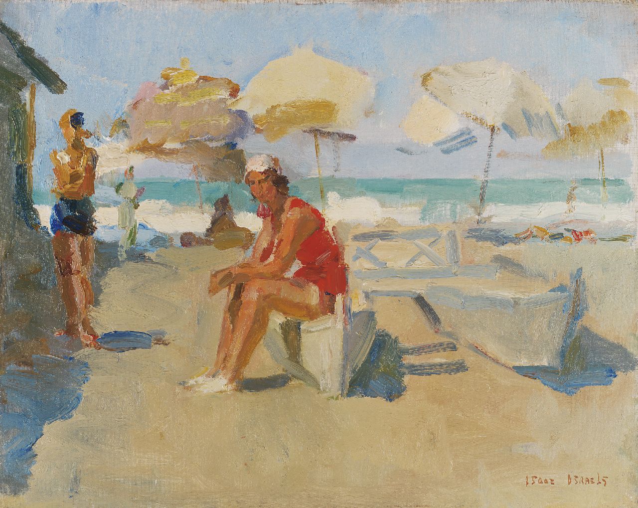 Israels I.L.  | 'Isaac' Lazarus Israels, Lidostrand met parasols en catamaran, olieverf op doek 40,1 x 50,3 cm, gesigneerd rechtsonder en te dateren ca. 1927