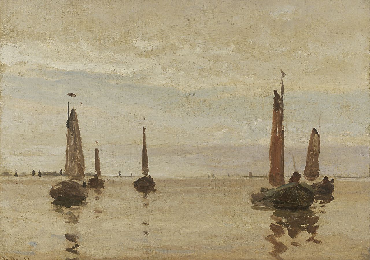 Tholen W.B. | Willem Bastiaan Tholen, Botters in een windstilte, olieverf op doek op paneel 27,7 x 38,2 cm, gesigneerd linksonder en gedateerd '26 Tholen W.B. | Willem Bastiaan Tholen, Botters in een windstilte, olieverf op doek op paneel 27,7 x 38,2 cm, gesigneerd linksonder en gedateerd '26