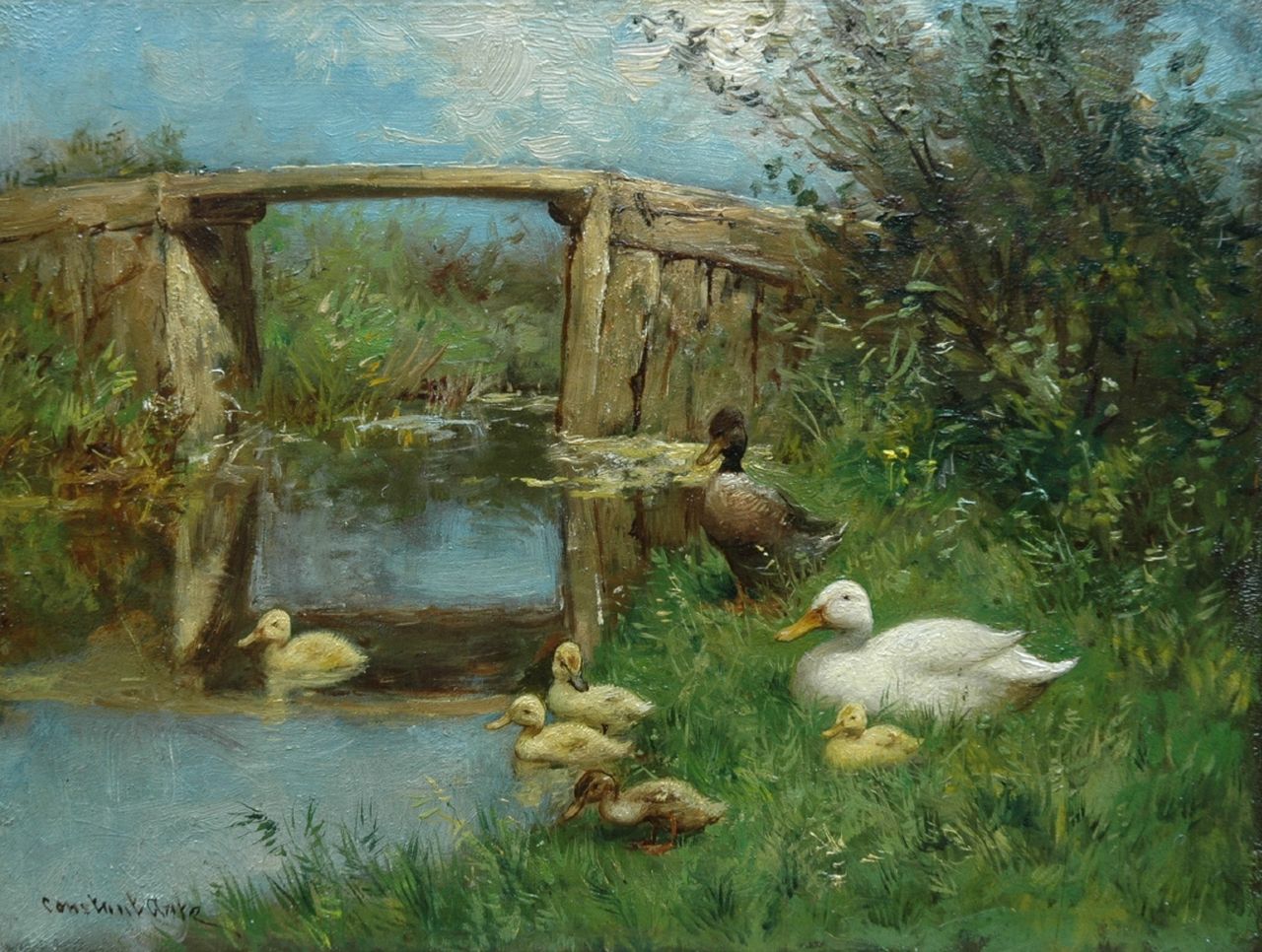 Artz C.D.L. | 'Constant' David Ludovic Artz, Eendenfamilie aan de waterkant, olieverf op paneel 18,1 x 24,0 cm, gesigneerd linksonder Artz C.D.L. | 'Constant' David Ludovic Artz, Eendenfamilie aan de waterkant, olieverf op paneel 18,1 x 24,0 cm, gesigneerd linksonder