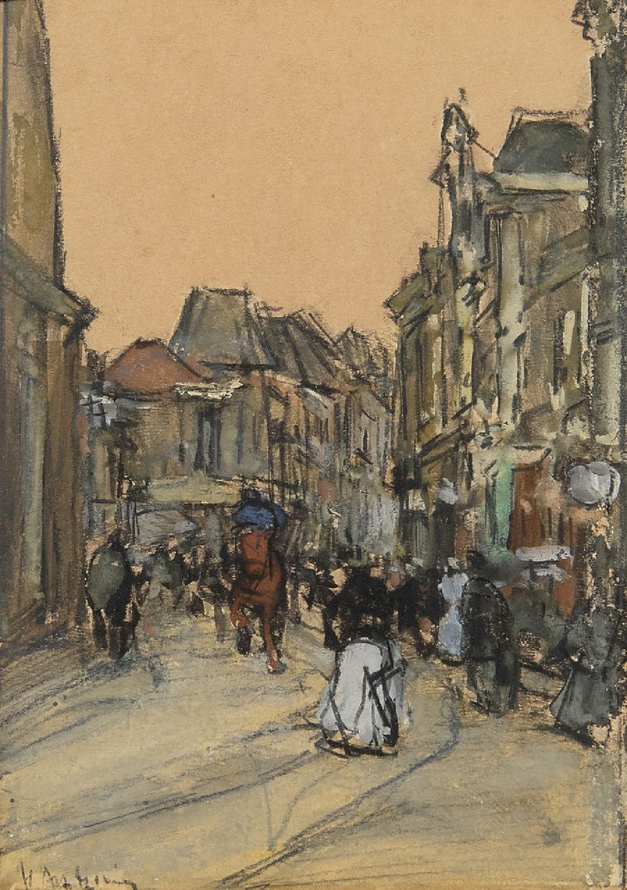 Arntzenius P.F.N.J.  | Pieter Florentius Nicolaas Jacobus 'Floris' Arntzenius, Haags straatje, zwart krijt en aquarel op papier 12,5 x 8,9 cm, gesigneerd linksonder