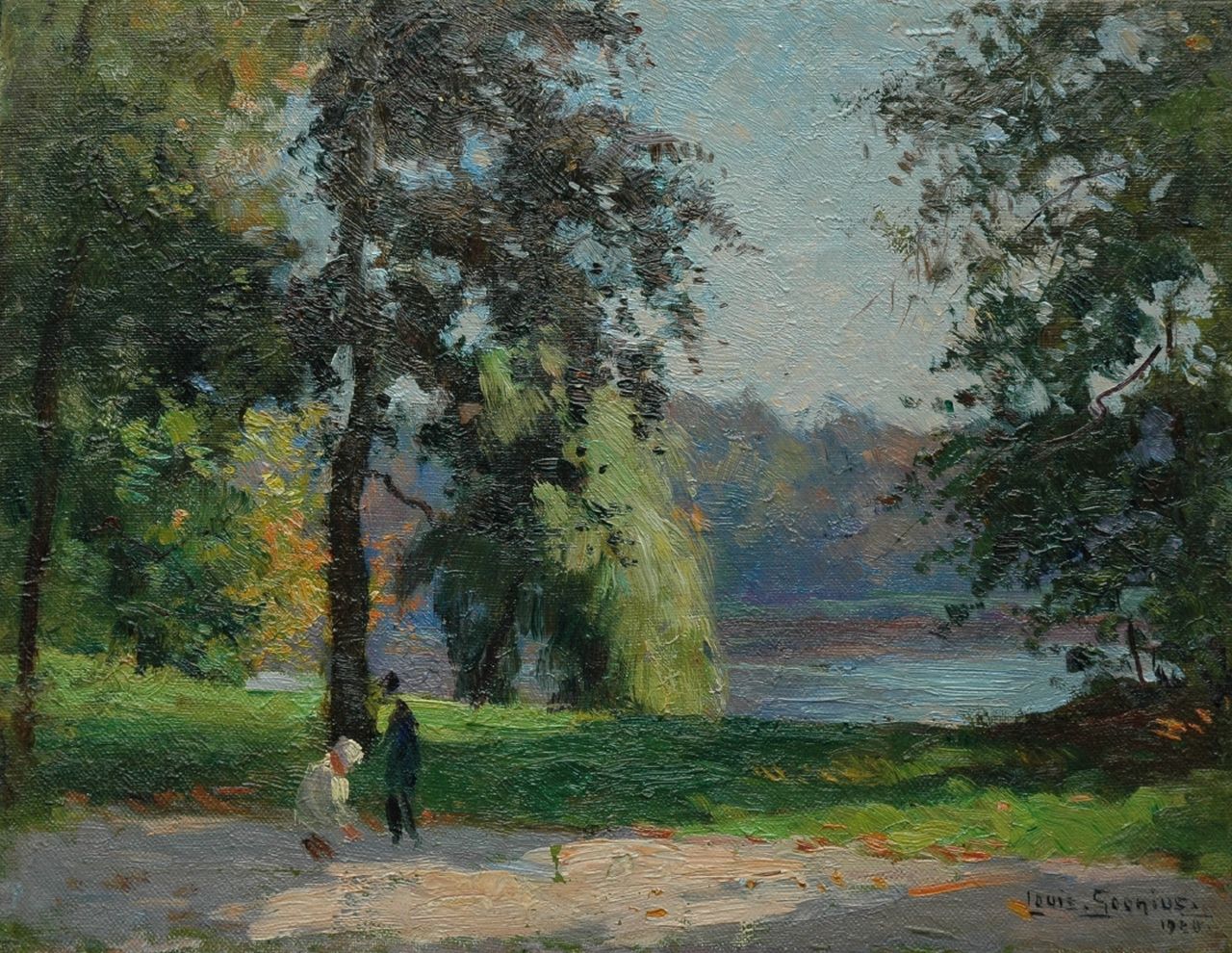Soonius L.  | Lodewijk 'Louis' Soonius, In het park, olieverf op doek op paneel 27,2 x 35,1 cm, gesigneerd rechtsonder en gedateerd 1920