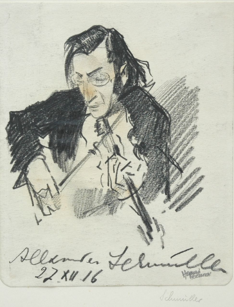 Moerkerk H.A.J.M. | Hermanus Antonius Josephus Maria 'Herman' Moerkerk, Portret van de violist Alexander Schmuller, zwart krijt op papier 12,7 x 15,4 cm, gesigneerd rechtsonder en gedateerd 27 XII '16 Moerkerk H.A.J.M. | Hermanus Antonius Josephus Maria 'Herman' Moerkerk, Portret van de violist Alexander Schmuller, zwart krijt op papier 12,7 x 15,4 cm, gesigneerd rechtsonder en gedateerd 27 XII '16