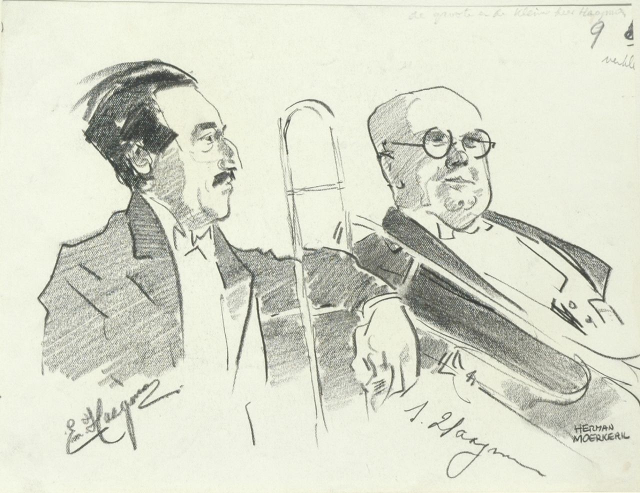Moerkerk H.A.J.M.  | Hermanus Antonius Josephus Maria 'Herman' Moerkerk, Portret van E. Haagman en I. Haagman, zwart krijt op papier 17,6 x 22,9 cm, gesigneerd rechtsonder