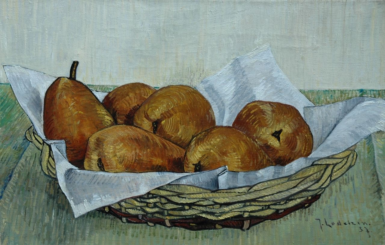Lodeizen J. | Johannes 'Jo' Lodeizen, Mandje met peren, olieverf op doek 28,7 x 43,6 cm, gesigneerd rechtsonder en gedateerd '37 Lodeizen J. | Johannes 'Jo' Lodeizen, Mandje met peren, olieverf op doek 28,7 x 43,6 cm, gesigneerd rechtsonder en gedateerd '37