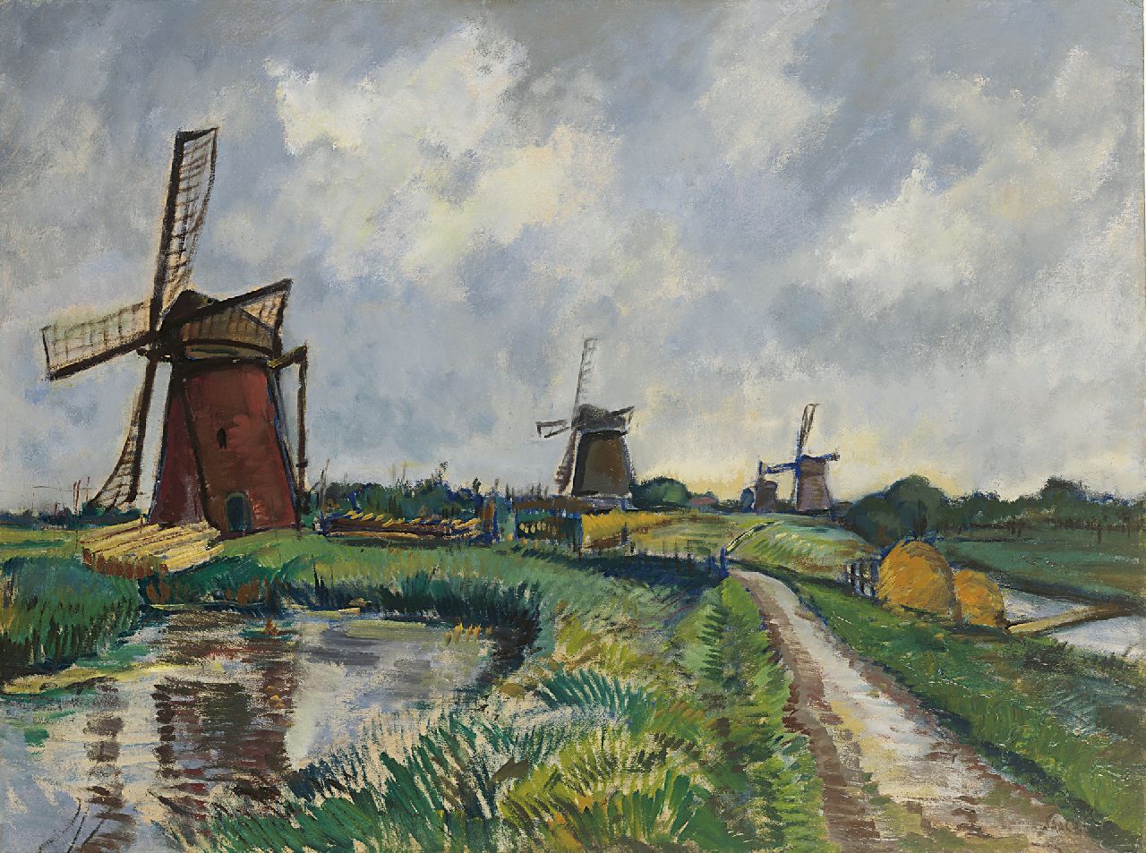 Saalborn L.A.A. | 'Louis' Alexander Abraham Saalborn, Molens op een rij in Kinderdijk, olieverf op board 74,6 x 99,3 cm, gesigneerd rechtsonder Saalborn L.A.A. | 'Louis' Alexander Abraham Saalborn, Molens op een rij in Kinderdijk, olieverf op board 74,6 x 99,3 cm, gesigneerd rechtsonder