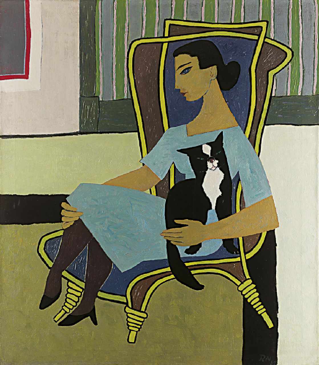 Neut M. van der | Marinus 'Rinus' van der Neut, Vrouw met kat, olieverf op doek 80,3 x 70,5 cm, gesigneerd rechtsonder met initialen en gedateerd '52 Neut M. van der | Marinus 'Rinus' van der Neut, Vrouw met kat, olieverf op doek 80,3 x 70,5 cm, gesigneerd rechtsonder met initialen en gedateerd '52