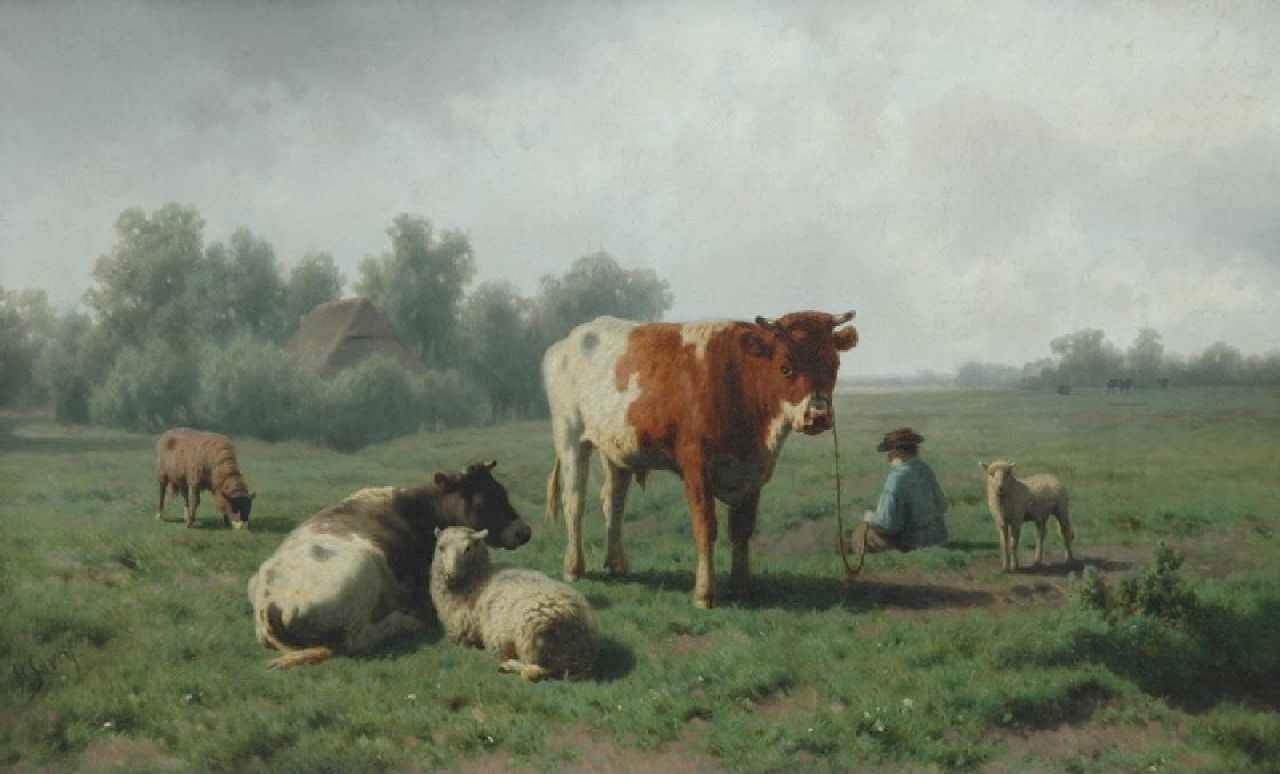 Savrij H. | Hendrik Savrij, Zomers weidelandschap met boer en vee, olieverf op doek 50,0 x 82,0 cm, gesigneerd linksonder Savrij H. | Hendrik Savrij, Zomers weidelandschap met boer en vee, olieverf op doek 50,0 x 82,0 cm, gesigneerd linksonder