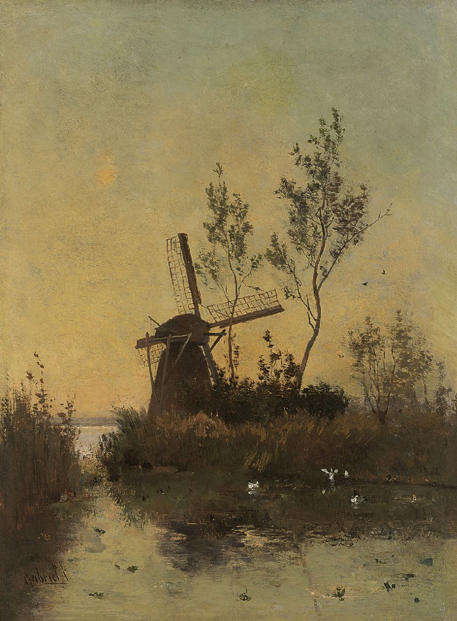 Gabriel P.J.C. | Paul Joseph Constantin 'Constan(t)' Gabriel, Molen aan een polderplas bij zonsondergang, olieverf op doek 48,0 x 35,5 cm, gesigneerd linksonder Gabriel P.J.C. | Paul Joseph Constantin 'Constan(t)' Gabriel, Molen aan een polderplas bij zonsondergang, olieverf op doek 48,0 x 35,5 cm, gesigneerd linksonder
