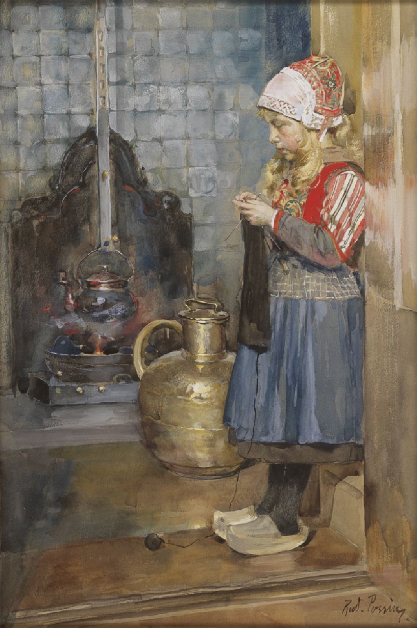 Possin R. | Rudolf Possin, Markens breistertje bij een schouw, aquarel op papier 27,0 x 19,0 cm, gesigneerd rechtsonder Possin R. | Rudolf Possin, Markens breistertje bij een schouw, aquarel op papier 27,0 x 19,0 cm, gesigneerd rechtsonder