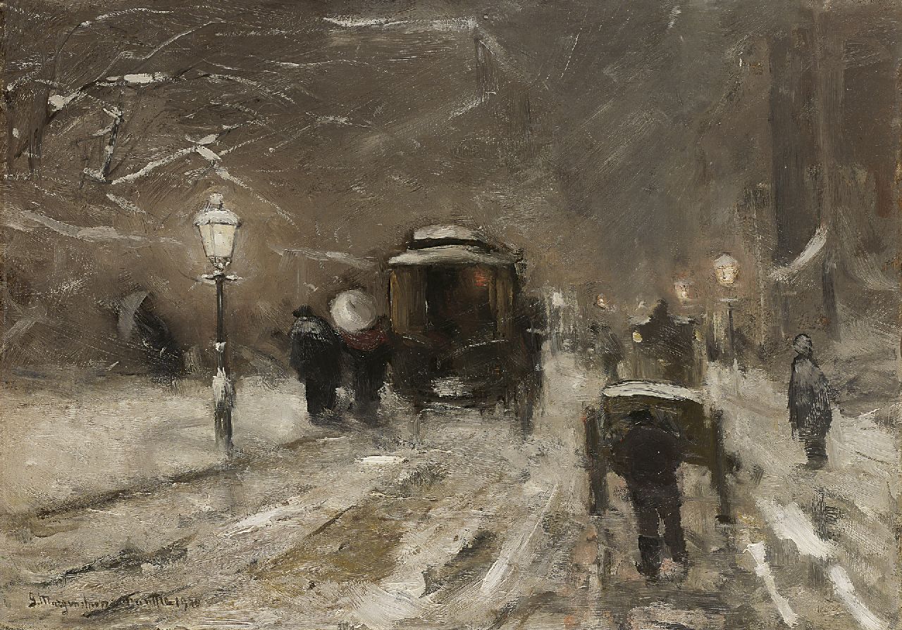 Munthe G.A.L. | Gerhard Arij Ludwig 'Morgenstjerne' Munthe, Winters straatbeeld met paardentrams bij avond, olieverf op doek 47,3 x 66,1 cm, gesigneerd linksonder en gedateerd 1900 Munthe G.A.L. | Gerhard Arij Ludwig 'Morgenstjerne' Munthe, Winters straatbeeld met paardentrams bij avond, olieverf op doek 47,3 x 66,1 cm, gesigneerd linksonder en gedateerd 1900