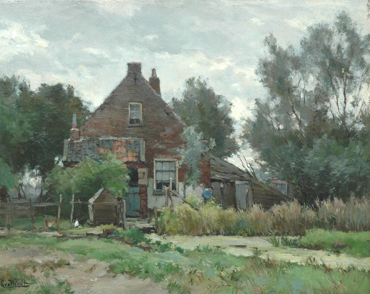Windt Ch. van der | Christophe 'Chris' van der Windt, Erf met boer en kippen, olieverf op doek 40,2 x 50,2 cm, gesigneerd linksonder Windt Ch. van der | Christophe 'Chris' van der Windt, Erf met boer en kippen, olieverf op doek 40,2 x 50,2 cm, gesigneerd linksonder
